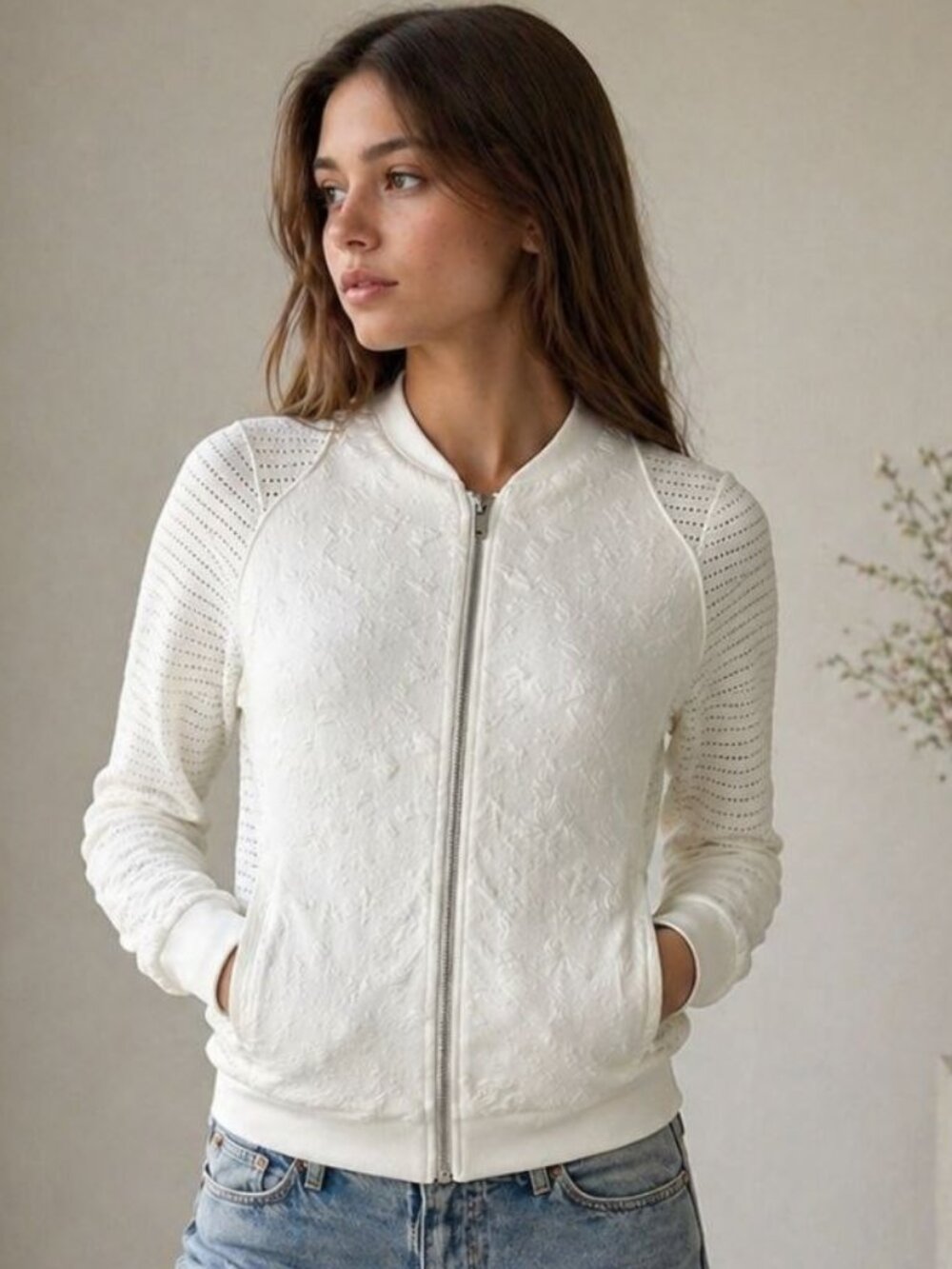 Sanctuary Luxe White Textured Zip Jacket | Modern Minimal Chic | Size M
